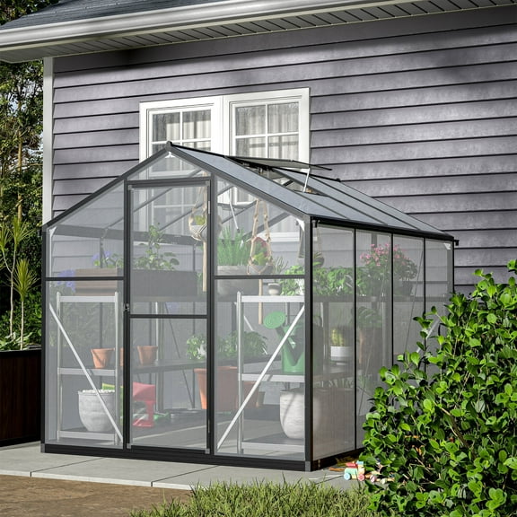 Jaxilyn 6' x 8' Greenhouse for Outdoors, Walk-in Polycarbonate Greenhouse with Quick Setup Structure and Roof Vent, Aluminum Large Greenhouse for Outside Garden Backyard