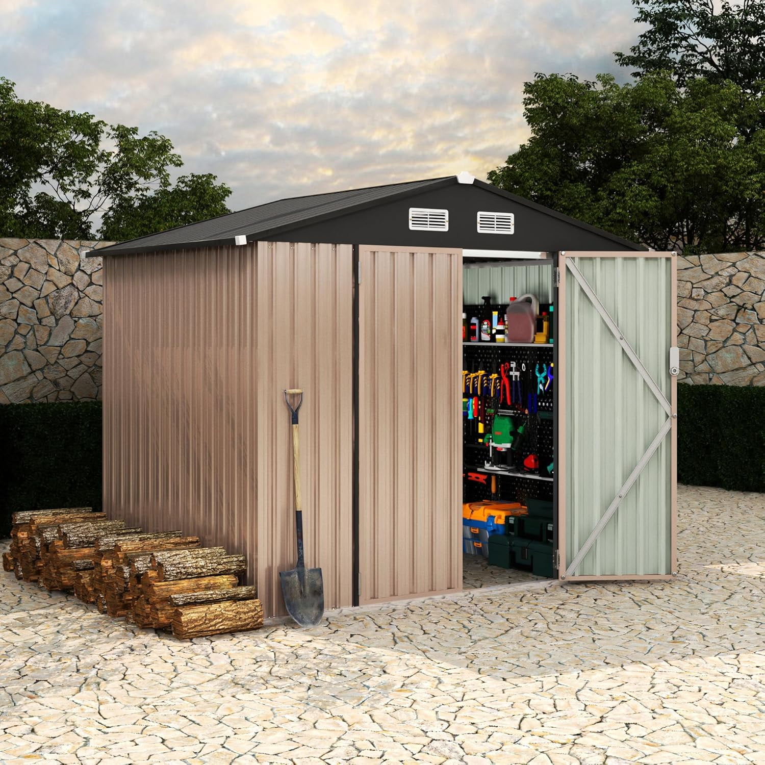 6' x 8'Outdoor Storage Shed,Metal Yard Sheds with Lockable Door&Doors Vents for  Backyard Patio Lawn
