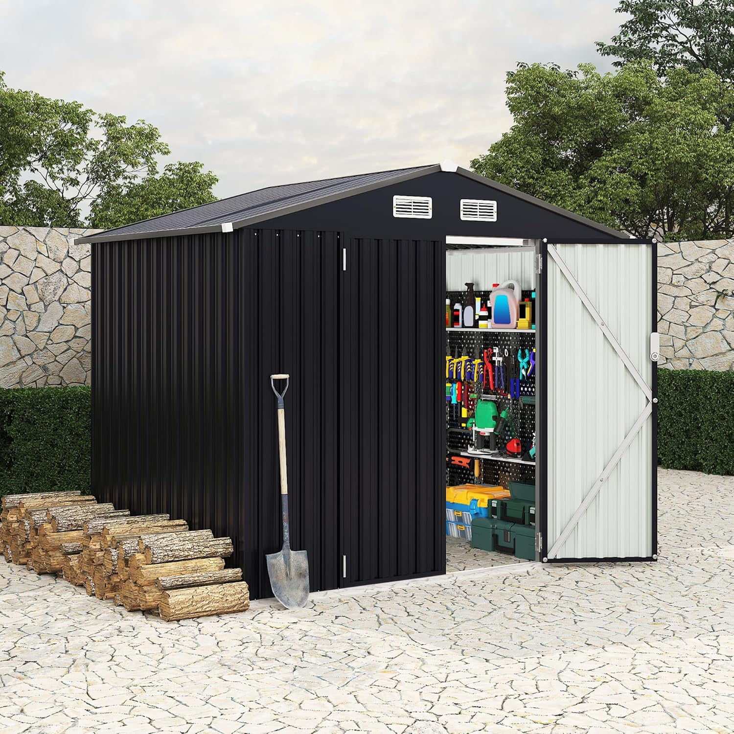 6' x 8'Outdoor Storage Shed,Metal Yard Sheds with Lockable Door&Doors Vents for  Backyard Patio Lawn