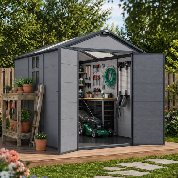 6'x 8' Resin Outdoor Storage Tool Shed, Weather Resistant Garden Storage Shed with Door and Solid Floor for Backyard, Patio, Lawn, Dark Grey