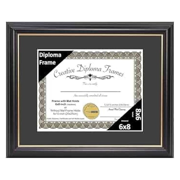 6" x 8" Rockefeller Black with Rim Diploma Frame, Displays 6" x 8" Certificate or 8" x 10" Document without Mat, Degree Frame, Full-Strength Glass, Black Mat