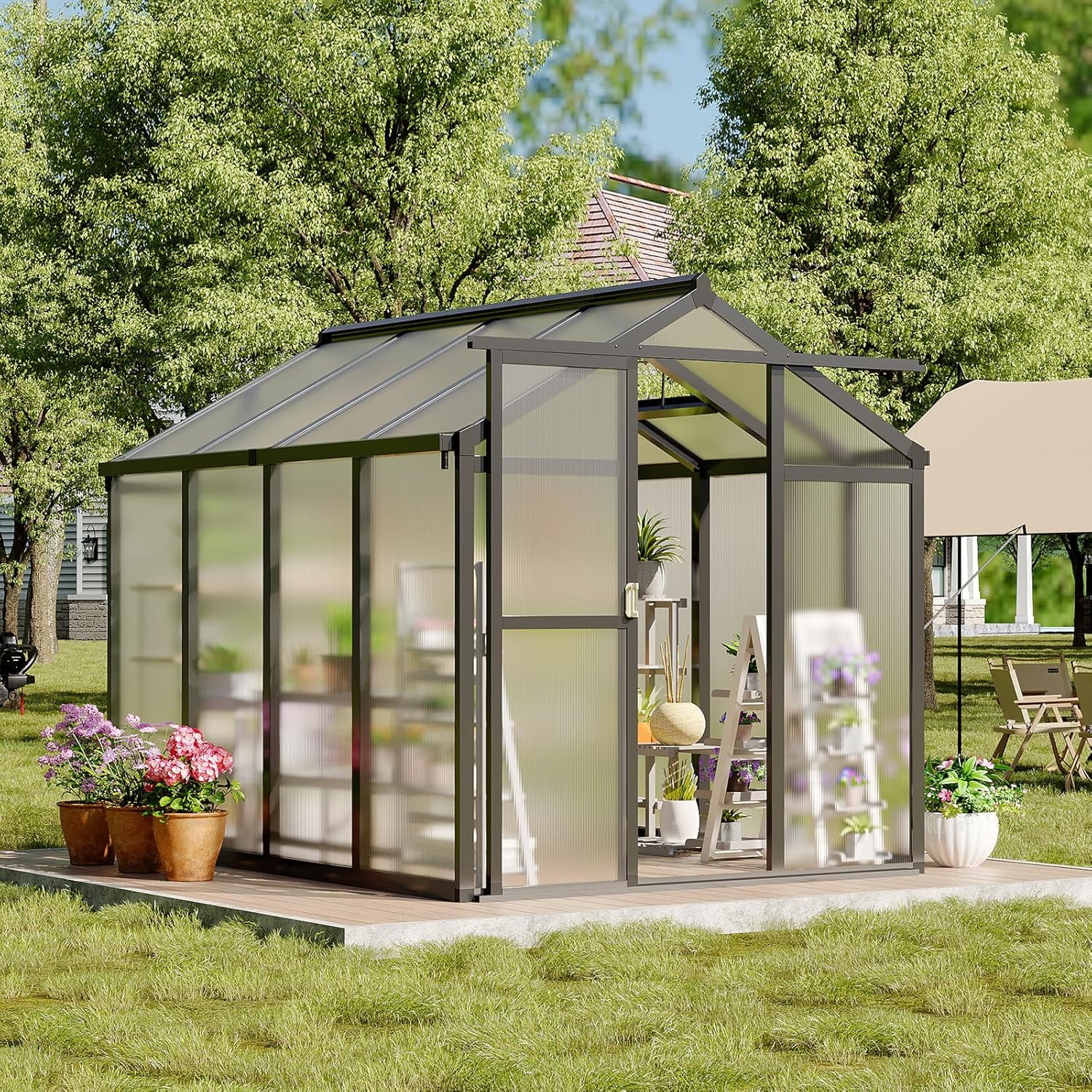 6' x 8' Walk-in Greenhouse with Roof Vent,Heavy Polycarbonate Aluminum Greenhouse for Winter Garden,Backyard,Patio,Lawn,Easy Assembly