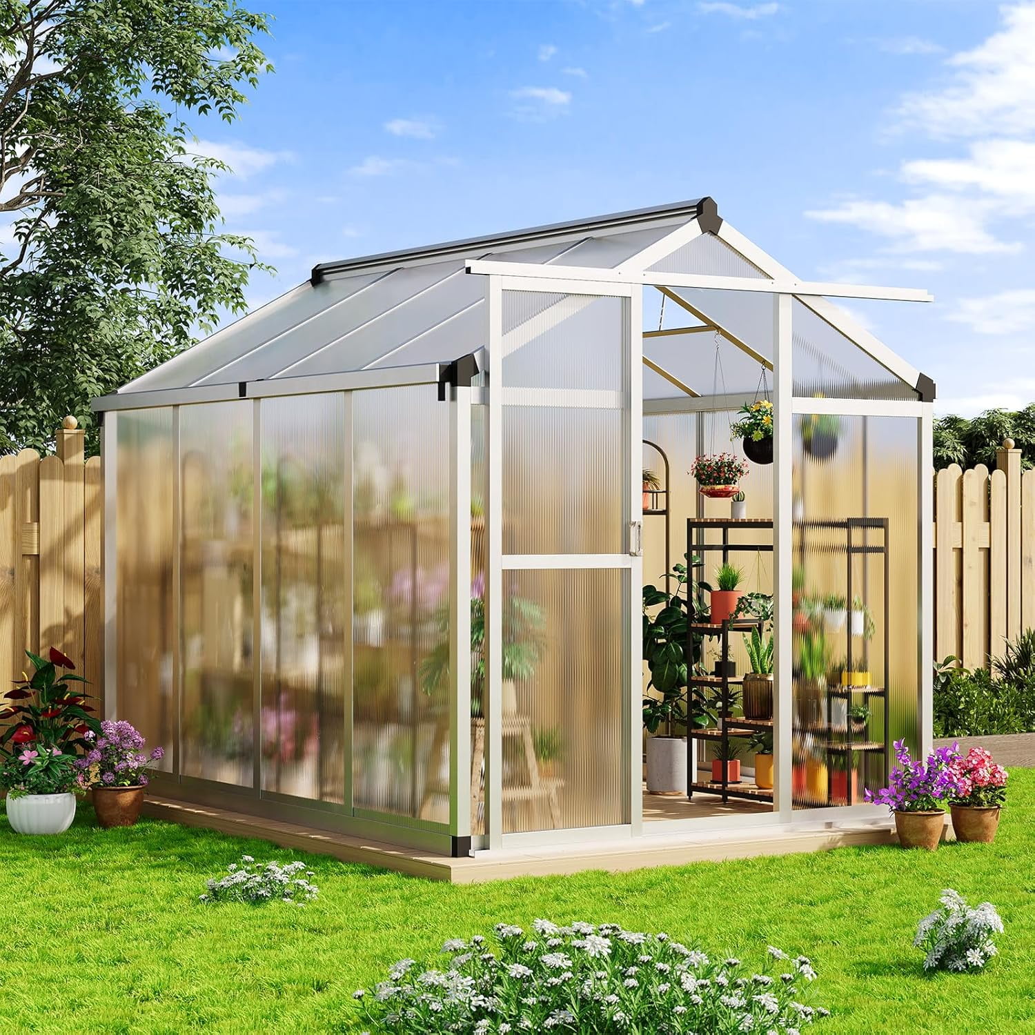 6' x 8' Walk-in Greenhouse with Roof Vent,Heavy Polycarbonate Aluminum Greenhouse for Winter Garden,Backyard,Patio,Lawn,Easy Assembly