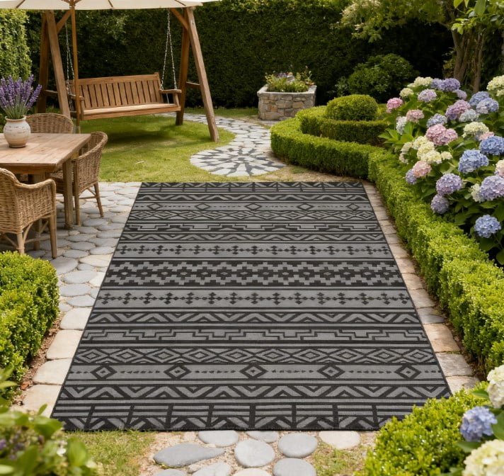 6' x 9' Black & Gray Geometric Wall Reversible Outdoor Rug, Waterproof Plastic Straw Patio Rug, Foldable Portable RV Camping Mat with Carry Bag