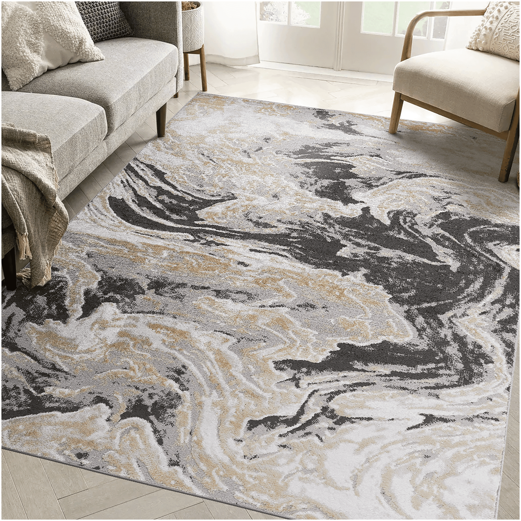 Soft Polyester Rugs 6 x 9 Grey Abstract Polyester Area Rug, Soft Medium Pile for Indoor ...