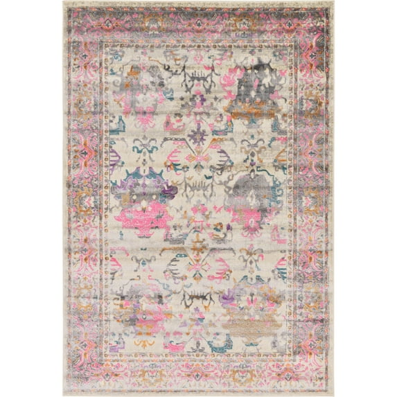 6' x 9' Ivory and Pink Traditional Rectangular Area Throw Rug