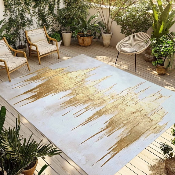 6' x 9' Outdoor Rug, Abstract Gold Outdoor Washable Rug Large Floor Carpet, Modern Minimalist Art White Gray Ripple Non Shedding Area Rug for Outside Patio RV Porch Deck Balcony Camping Living Room