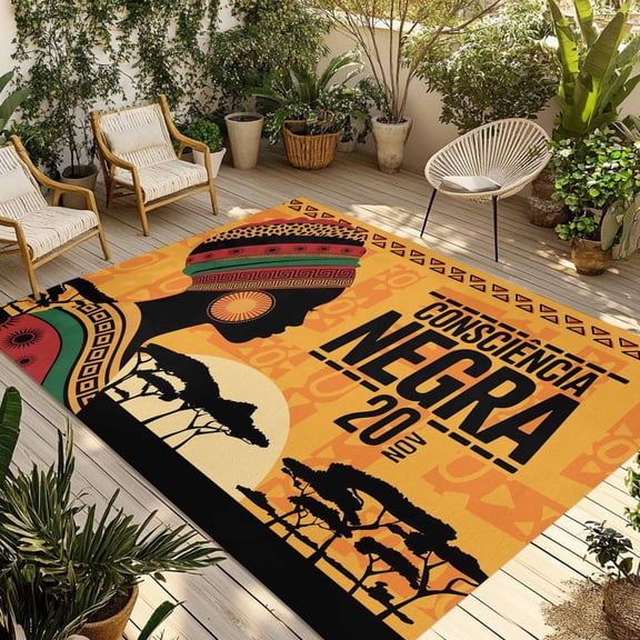 6' x 9' Outdoor Rug, African Women Outdoor Washable Rug Large Floor Carpet, Orange Sunset Western Tribe Woods Forest Non Shedding Area Rug for Outside Patio RV Porch Deck Balcony Camping Living Room