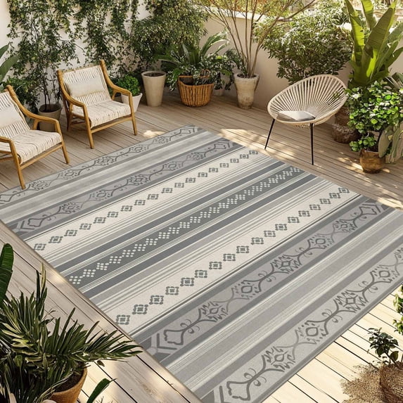 6' x 9' Outdoor Rug, Boho Stripes, Outdoor Washable Rug Large Floor Carpet, Beige Geometric Modern Flower Stripe Non Shedding Area Rug for Outside Patio RV Porch Deck Balcony Camping Living Room
