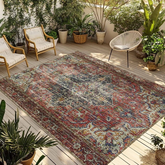 6' x 9' Outdoor Rug, Boho Vintage Outdoor Washable Rug Large Floor Carpet, Retro Flowers Modern Geometric Abstract Art Non Shedding Area Rug for Outside Patio RV Porch Deck Balcony Camping