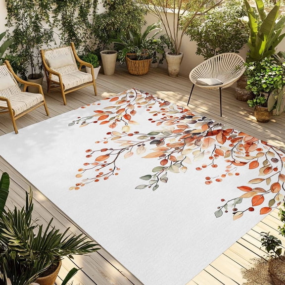 6' x 9' Outdoor Rug, Fall Leaves Outdoor Washable Rug Large Floor Carpet, Farmhouse Orange Eucalyptus Leaf Floral Non Shedding Area Rug for Outside Patio RV Porch Deck Balcony Camping Living Room