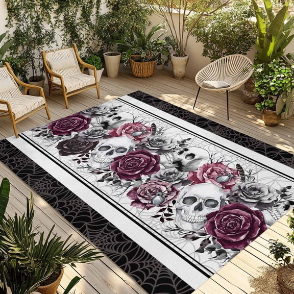 6' x 9' Outdoor Rug, Halloween Outdoor Washable Rug Large Floor Carpet, Black Horror Skull Roses Spi-der Web Vintage Non Shedding Area Rug for Outside, Patio, RV, Porch, Deck, Balcony, Camping
