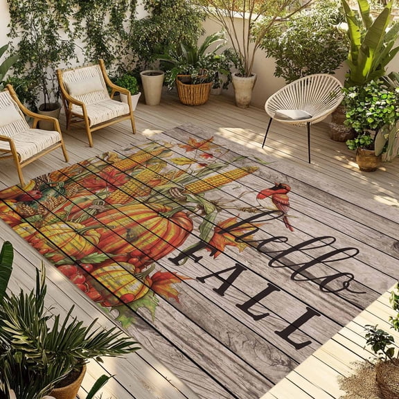 6' x 9' Outdoor Rug, Hello Fall Outdoor Washable Rug Large Floor Carpet, Orange Pumpkins Birds Vintage Thanksgiving Non Shedding Area Rug for Outside Patio RV Porch Deck Balcony Camping Living Room