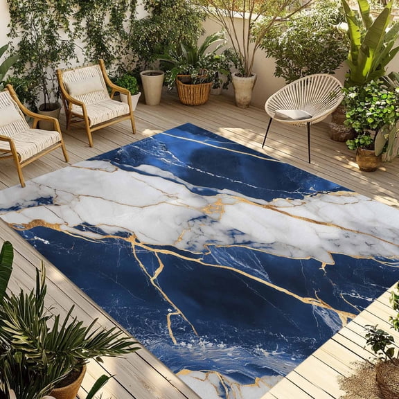 6' x 9' Outdoor Rug, Marble Navy Blue Outdoor Washable Rug Large Floor Carpet, Abstract Gold White Brick Stone Motif Non Shedding Area Rug for Outside Patio RV Porch Deck Balcony Camping Living Room