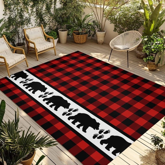 6' x 9' Outdoor Rug, Red Black Plaid Outdoor Washable Rug Large Floor Carpet, Country Vintage Bear Buffalo Gingham Non Shedding Area Rug for Outside Patio RV Porch Deck Balcony Camping Living Room