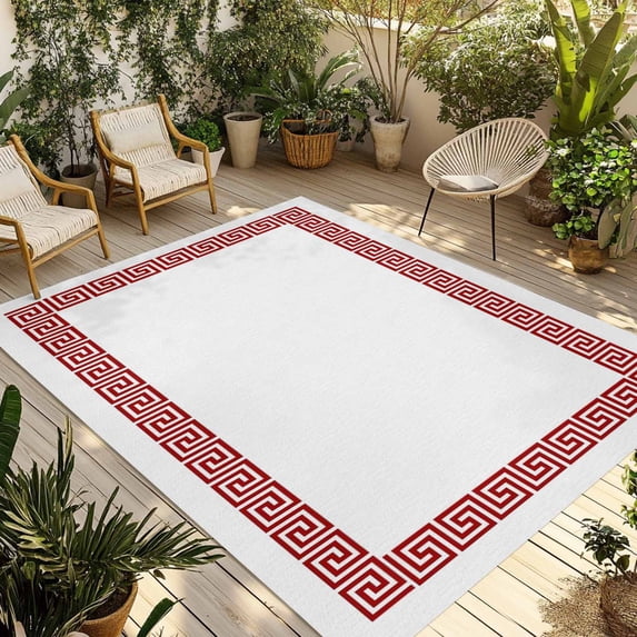 6' x 9' Outdoor Rug, Red Geometric Outdoor Washable Rug Large Floor Carpet, Modern Key Greek Design Abstract Art Non Shedding Area Rug for Outside Patio RV Porch Deck Balcony Camping Living Room