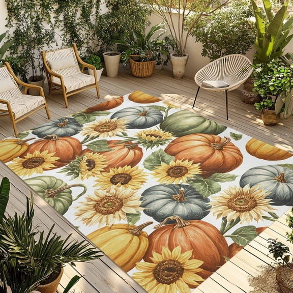6' x 9' Outdoor Rug, Thanksgiving Outdoor Washable Rug Large Floor Carpet, Orange Pumpkin Sage Green Fall Sunflower Non Shedding Area Rug for Outside Patio RV Porch Deck Balcony Camping Living Room