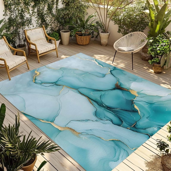 6' x 9' Outdoor Rug, Turquoise Marble Outdoor Washable Rug Large Floor Carpet, Abstract Modern Art Marble Crack Non Shedding Area Rug for Outside, Patio, RV, Porch, Deck, Balcony, Camping