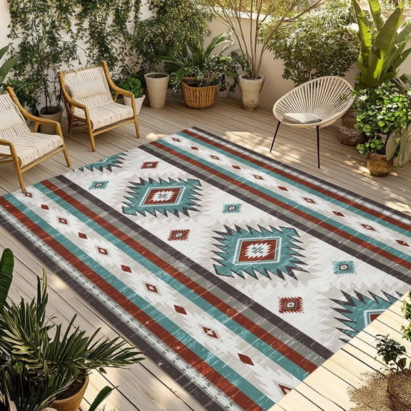 6' x 9' Outdoor Rug, Turquoise Red Boho Outdoor Washable Rug Large Floor Carpet, Southwestern Ethnic Aztec Retro Geometric Non Shedding Area Rug for Outside Patio RV Porch Deck Balcony Camping
