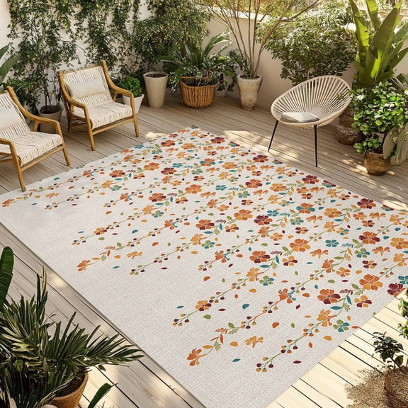 6' x 9' Outdoor Rug, Weeping Flowers Outdoor Washable Rug Large Floor Carpet, Red Yellow Teal Spring Floral Botanical Rustic Burlap Non Shedding Area Rug for Outside Patio Porch Deck Balcony Camping
