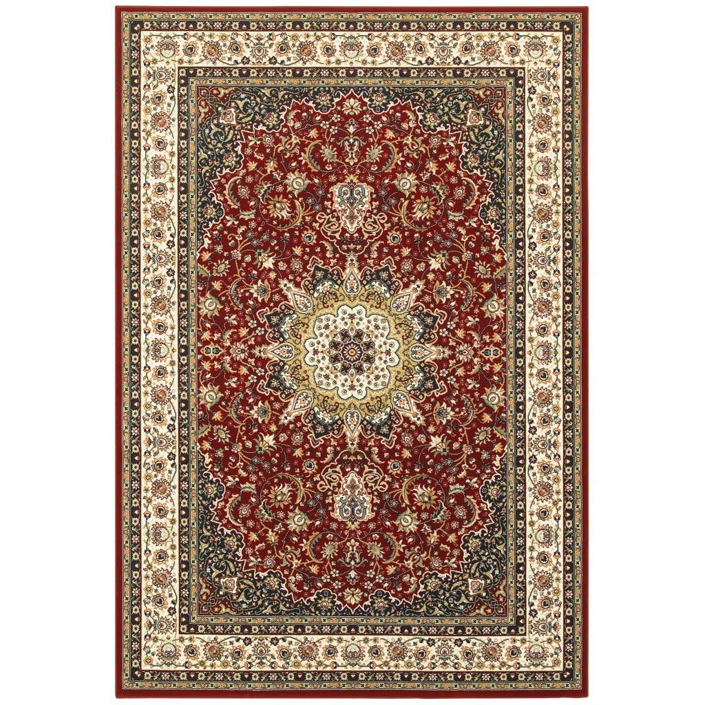 6' x 9' Red and Ivory Synthetic Oriental Area Rug