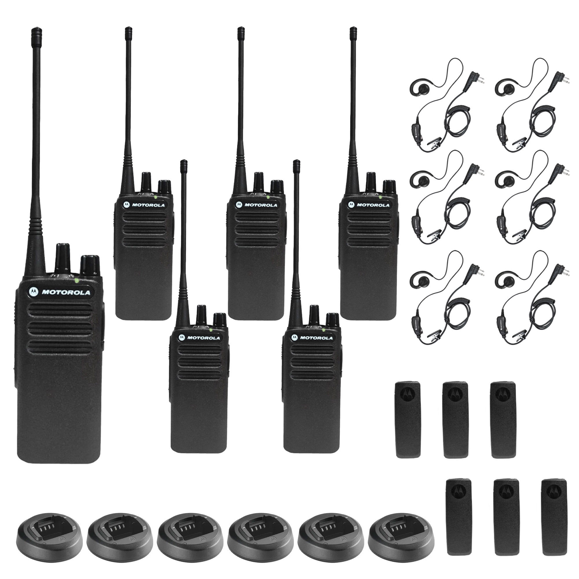 6 x Motorola CP100D Analog UHF Portable Non-Display Two Way Radio, 16 Channel, 4 Watt (403-480MHz) 6 x Motorola HKLN4604 PTT Earpiece - 6 Pack with Mics Bundle
