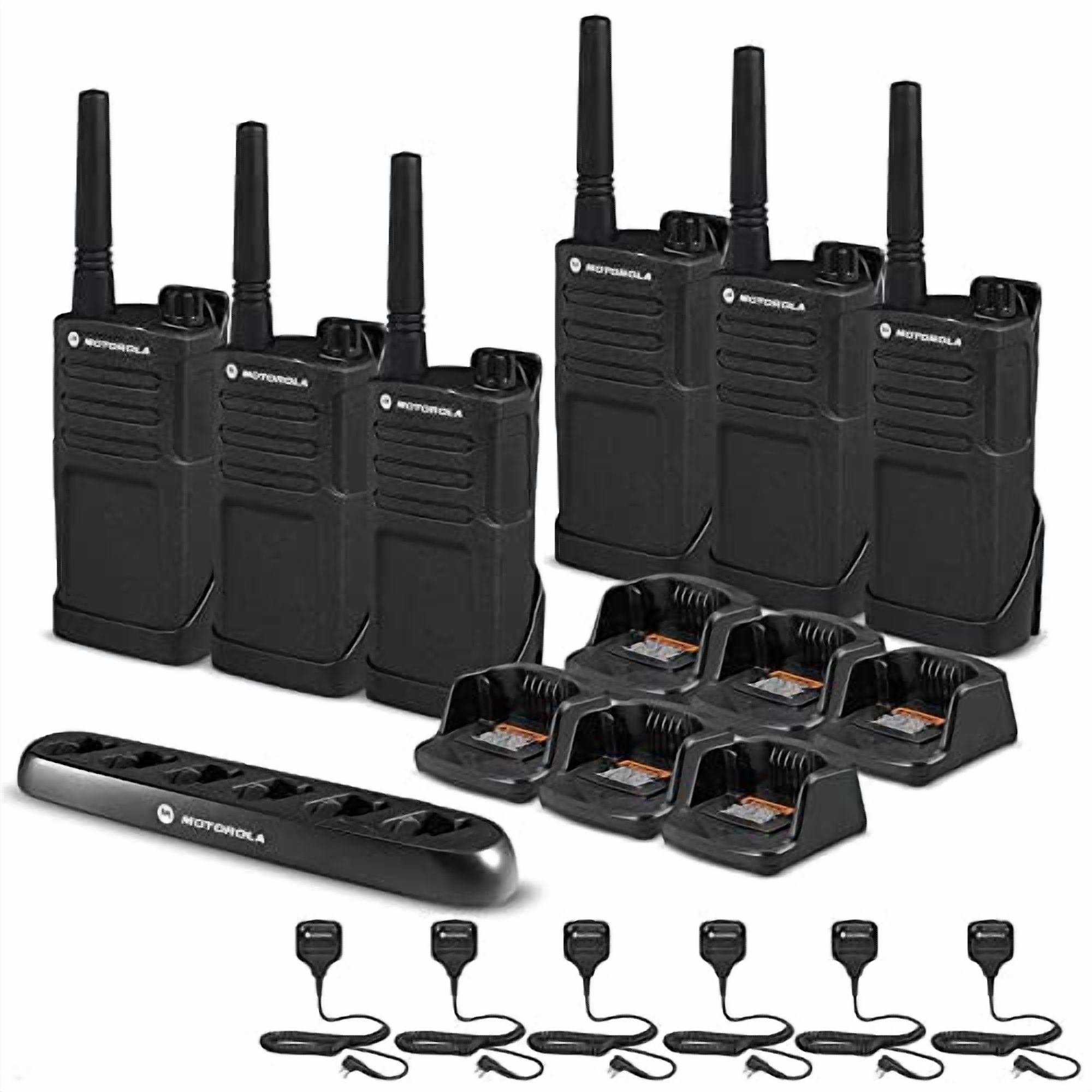 6 x Motorola RMM2050 On-Site 2-Way Radio (RMM2050) + Motorola 6 Bank Charger + 6 x HKLN4606 Remote Speaker Mic - 6 Pack with Mics Bundle