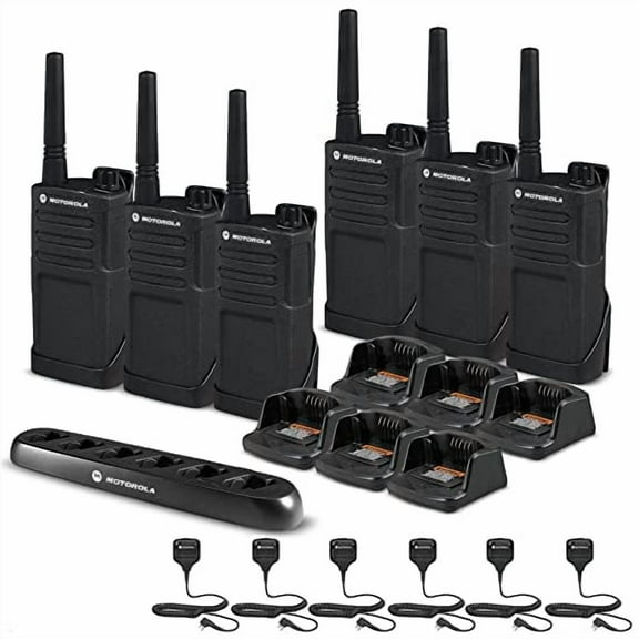 6 x Motorola RMM2050 On-Site 2-Way Radio (RMM2050) + Motorola 6 Bank Charger + 6 x HKLN4606 Remote Speaker Mic - 6 Pack with Mics Bundle