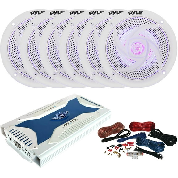 6 x Pyle 4" 2-Way 100W Outdoor White Audio Marine Stereo Speakers with Blue LED Lights, 6-Channel Bridgeable MOSFET Power Class AB Bluetooth Amplifier, Amp Installation Kit