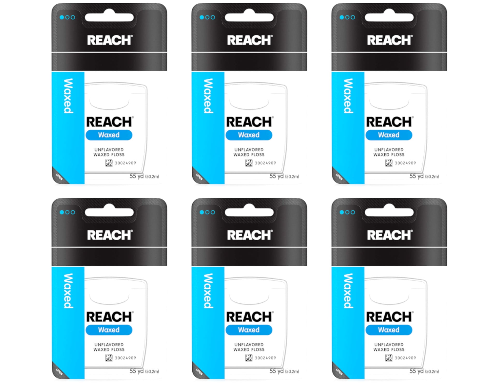 6 x REACH Unflavored Waxed Dental Floss, 55 yds