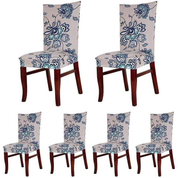 6 x Soft Spandex Fit Stretch Short Dining Room Chair Covers with Printed Pattern, Banquet Chair Seat Protector Slipcover for Home Party Hotel Wedding Ceremony (Style 5)