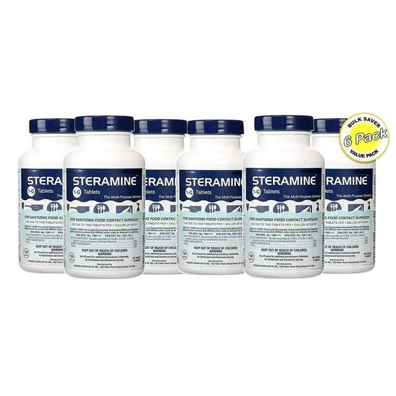 6 x Steramine Quaternary Sanitizing Tablets, Sanitizing Food Contact Surfaces, Kills E-Coli; HIV; Listeria, Model 1-G, 150 Sanitizer Tablets per Bottle, Blue, Pack of 6 Bottles