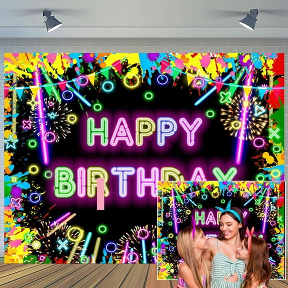 6 x 6 ft Game Night Birthday Theme Photography Backdrop, Glow Neon Gaming Birthday Party Decor Sleepover Slumber Prom Game Party Cake Table Decor Photo Studio Gift Props