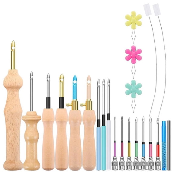 6 x wooden handle punch needles (2 are adjustable) 10 x poke needles 2 handles 2 x long needle threaders 3 x short needle threaders-As Shown