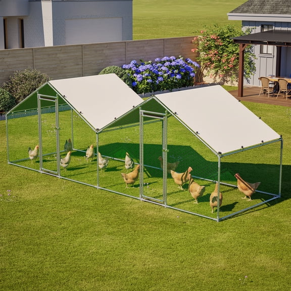 6'x20' Walk-In Chicken Coop, Double Peak Metal Poultry Cage with Weatherproof Roof, Small Hex Mesh & Reinforced Wire, Dual-Zone Design for Backyard Grey
