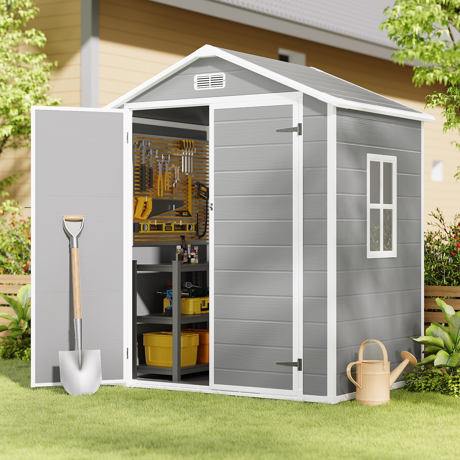 6 ft. W x 4 ft. D Outdoor Plastic Storage Shed with Floor and Lockable Door, 22.52 sq. ft., for Yard and Garden, Gray