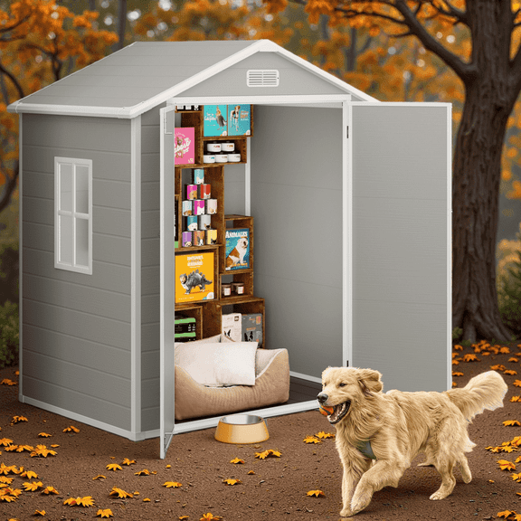 6'x4' FT Shed and Outdoor Storage, Lofka Plastic Garden Shed with Floor and Lockable Door for Backyard & Porch, Gray and White