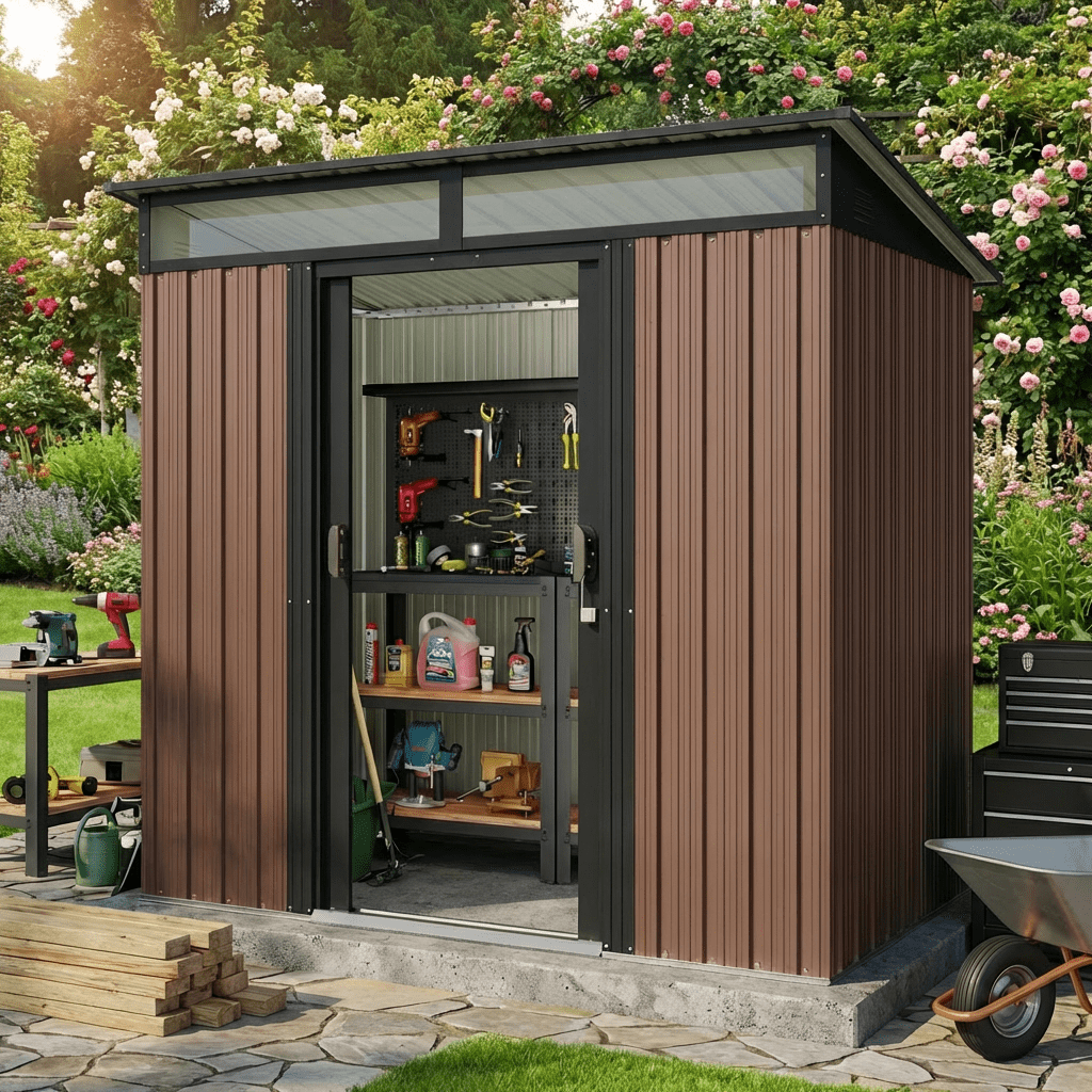 6'x4' Metal Outdoor Storage Shed, Lockable Sliding Doors & Transparent Windows, Multi-functional Tool/Bike Shed for Backyard & Patio, Light Brown