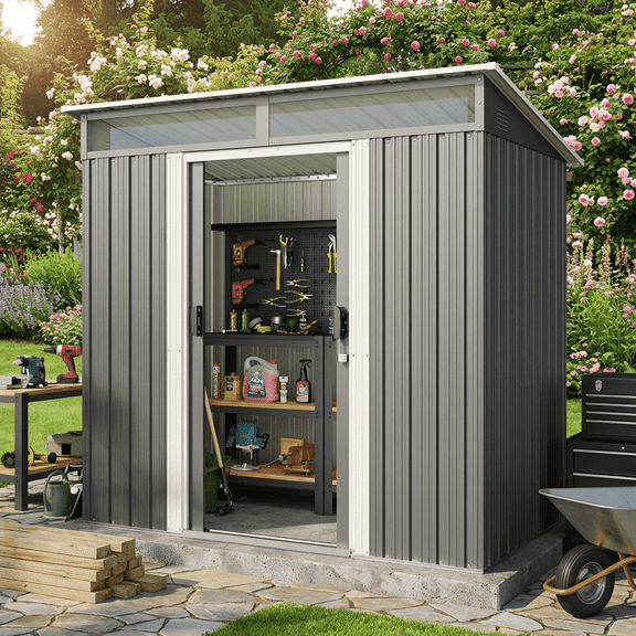 6'x4' Metal Outdoor Storage Shed, Lockable Sliding Doors & Transparent Windows, Multi-functional Tool/Bike Shed for Backyard & Patio, Light Brown