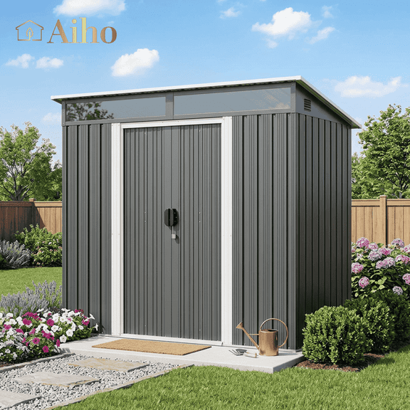 Aiho 6' x 4' Metal Storage Shed, Outdoor Lockable Shed with Transparent Panel Windows & Vents for Yard, Garden - Dark Gray