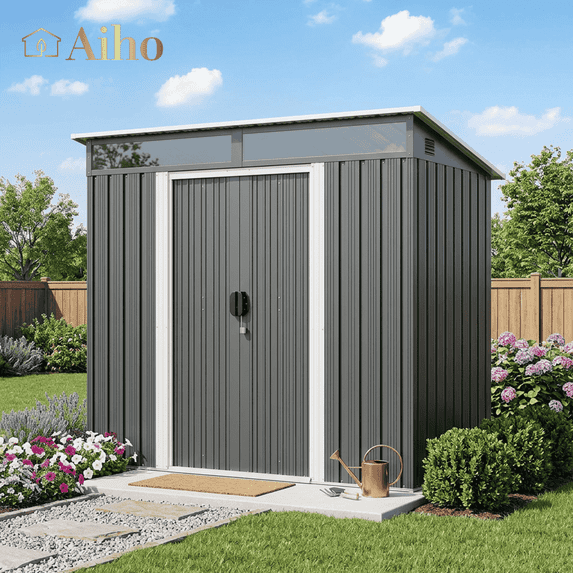 Aiho 6' x 4' Metal Storage Shed, Outdoor Lockable Shed with Transparent Panel Windows & Vents for Yard, Garden - Dark Gray