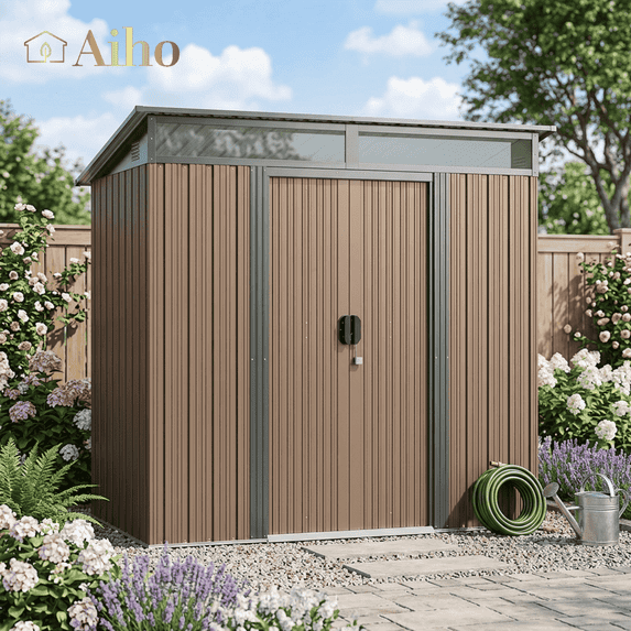 Aiho 6' x 4' Metal Storage Shed, Outdoor Lockable Shed with Transparent Panel Windows & Vents for Yard, Garden - Light Brown