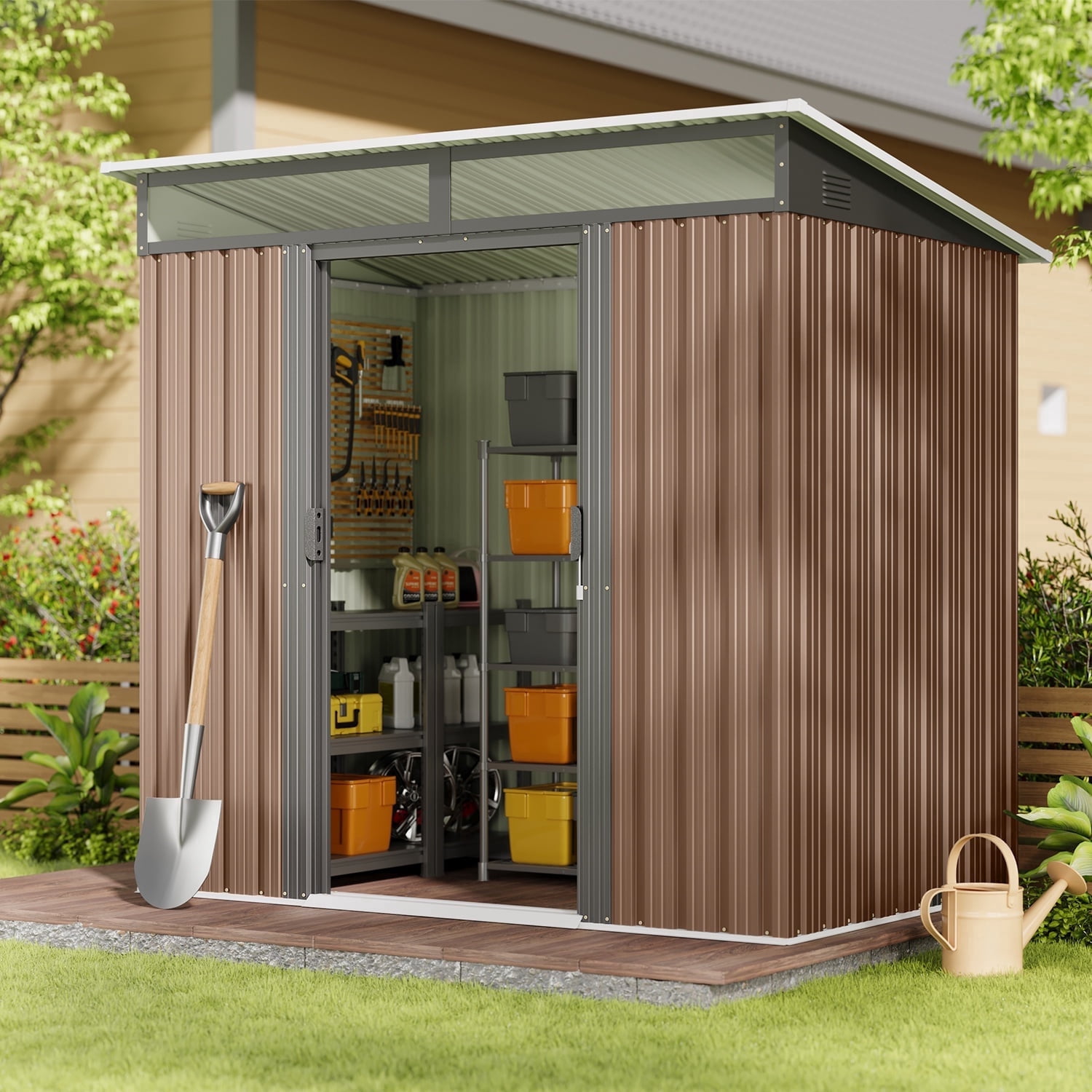 6'x4' Outdoor Storage Shed, Asofer Brown Metel Sheds with Lockable Door for Garden, Tool Shed, and Garden Shed, Brown