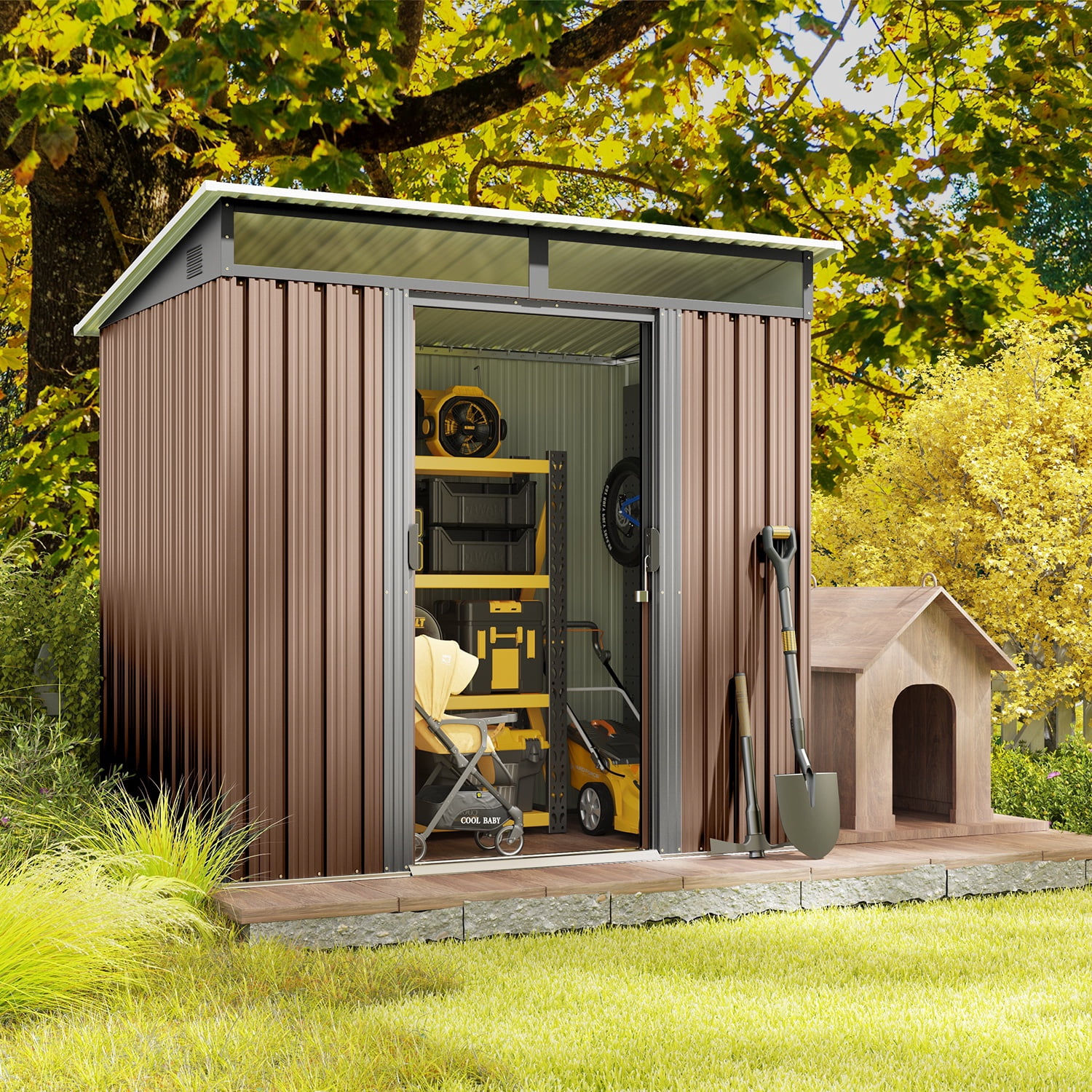 6'x4' Metal Shed , Asofer Outdoor Storage Shed with Transparent Panel Window for Garden, Brown