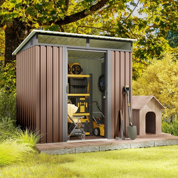 6'x4' Metal Shed , Asofer Outdoor Storage Shed with Transparent Panel Window for Garden, Brown