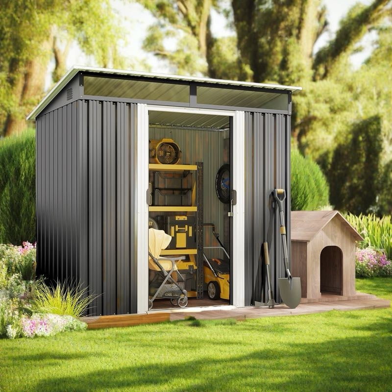 6'x4'ft Metal Shed , Asofer Outdoor Storage Shed with Transparent Panel Window for Garden, Dark Gray