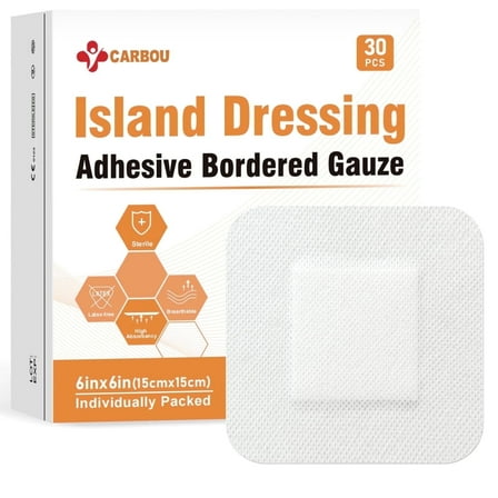 [6''x6''-30count] Carbou Island Dressing Bordered Gauze Pads Adhesive Dressing Pad for Wound Care
