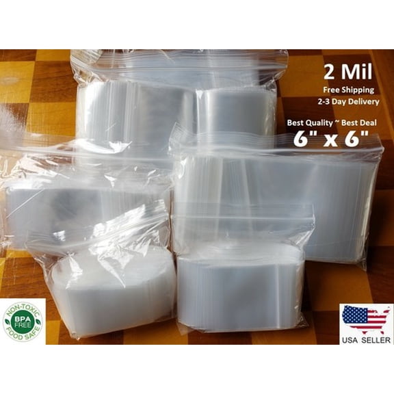 6"x6" CLEAR 2 MIL ZIP SEAL BAGS POLY PLASTIC RECLOSABLE TOP LOCK BAGGIES SQUARE