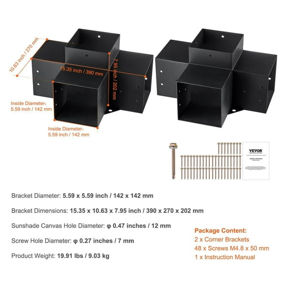6''x6'' Pergola Bracket Kit, 2pcs Heavy Duty 4-Way Corner Brackets for Wood Posts, DIY Gazebo & Patio Frame Hardware, Easy Install