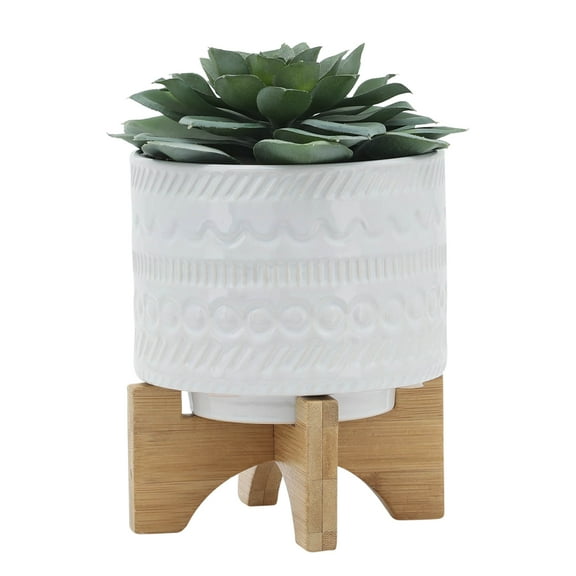 6"x8",Very Suitable for Planting and Potting Succulents, and Indoor Indoor Plants,It Is Made of High-quality Ceramics and Has Little Impact on The Environment.,Tribal Planter W/ Wood Stand, White